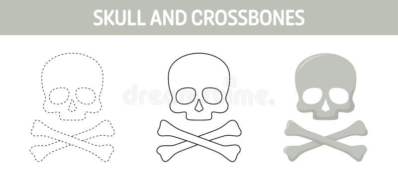 Skull and crossbones tracing and coloring worksheet for kids stock vector