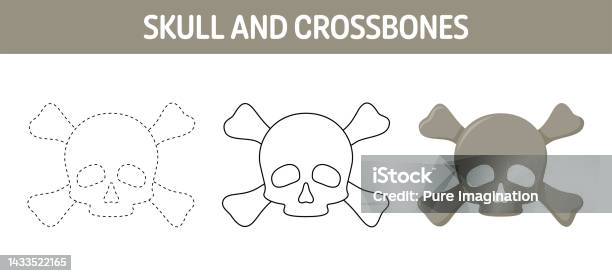 Skull and crossbones tracing and coloring worksheet for kids stock illustration
