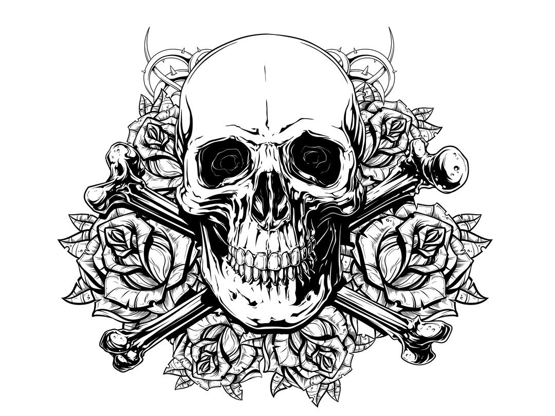 Skull with roses and thornsfloralsilhouettecricutcut filefile in svginstant downloadauto cadtshirt graphicprintablestencil