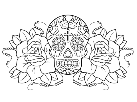 Sugar skull and roses coloring page free printable coloring pages