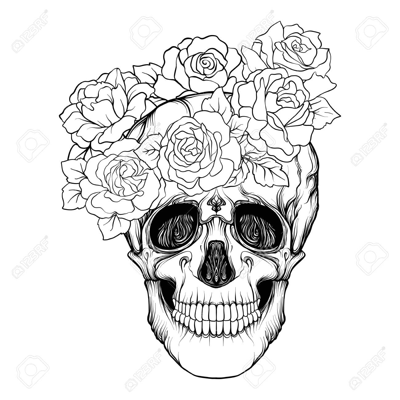 Sugar skull with decorative pattern and a wreath of red roses stock line vector illustration outline hand drawing coloring page for adult coloring book royalty free svg cliparts vectors and stock illustration