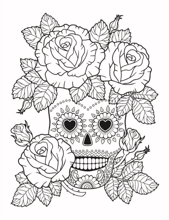 Skull in roses coloring page
