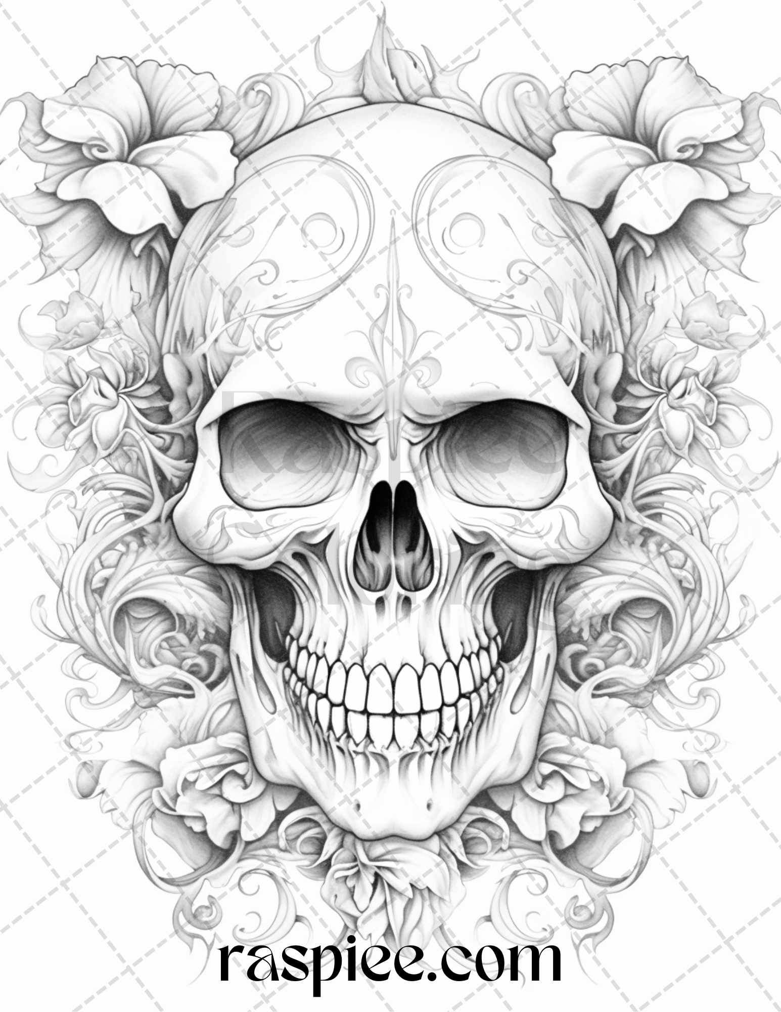Floral skull grayscale coloring pages for adults stress relief col â coloring