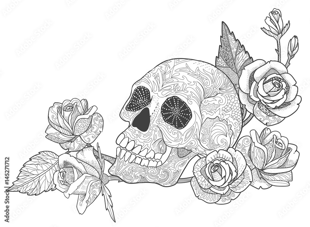 Skull with rose coloring book page for adults or tattoo with doodle ornament vector