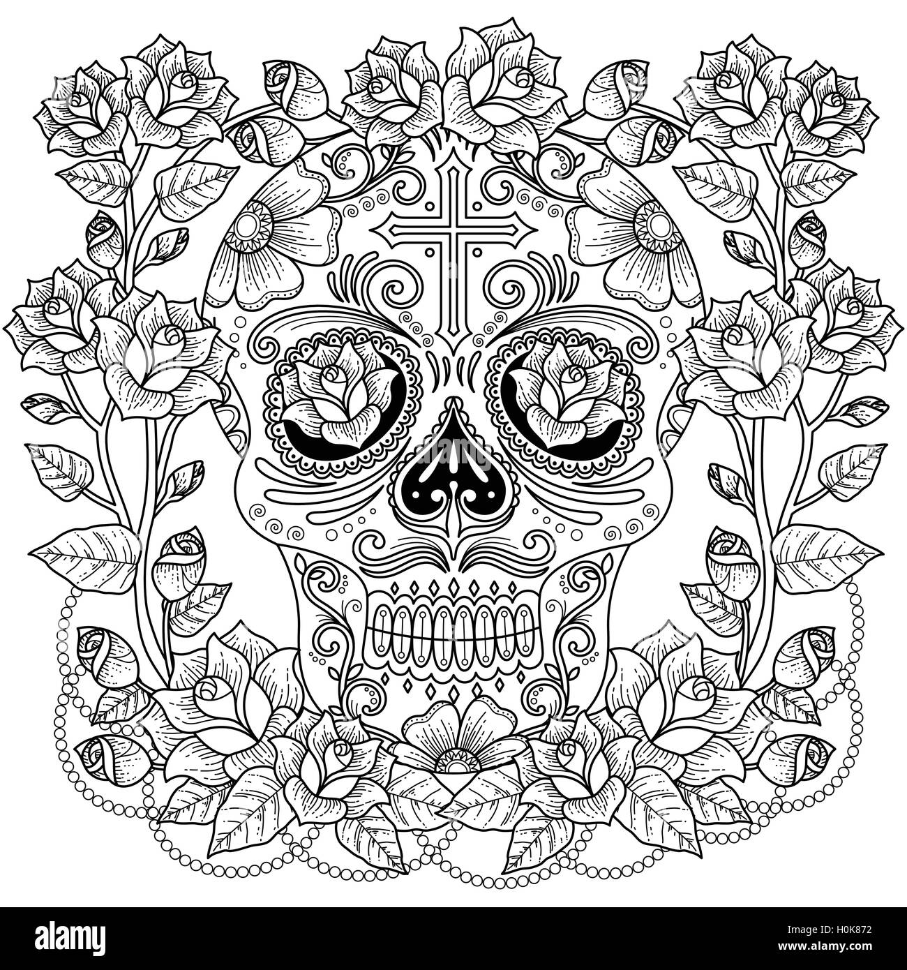 Fantastic adult coloring page magnificent skull with roses and cross anti