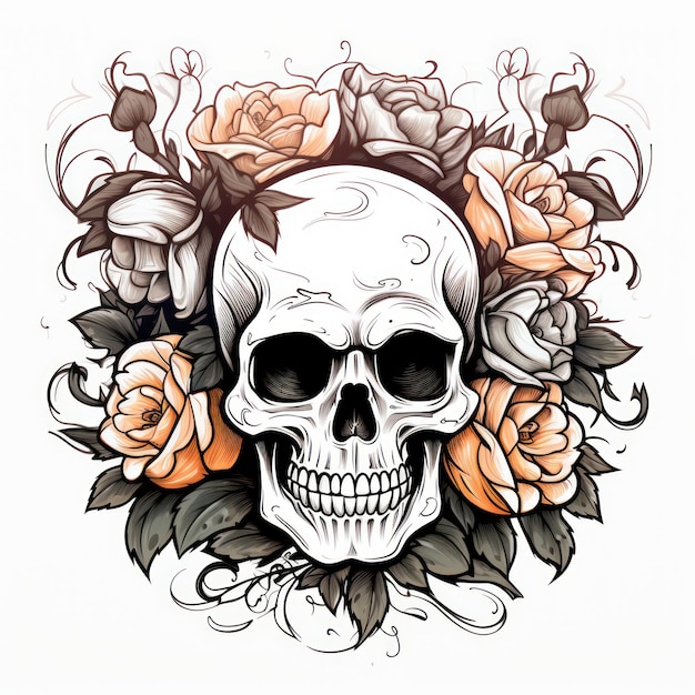 Premium ai image minimalist skull with roses coloring page ai generated