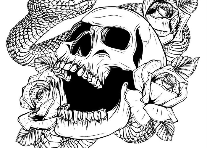 Colorful tattoo design with skull roses and snake illustration greeting card by dean zangirolami