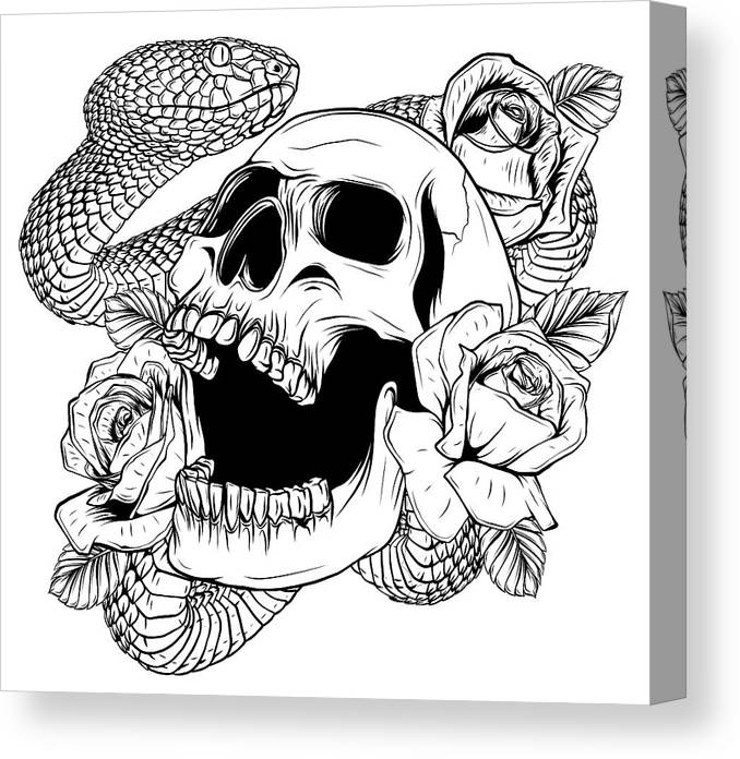 Colorful tattoo design with skull roses and snake illustration canvas print canvas art by dean zangirolami