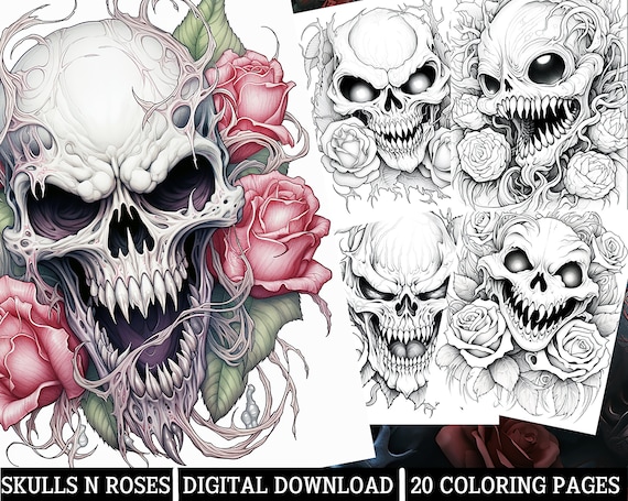 Skull n roses coloring pages for adults instant download grayscale coloring pageprintable pngjpeg demonic flower horror themed artwork download now