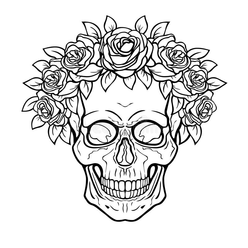 Mystical drawing human skull in a crown of roses stock vector