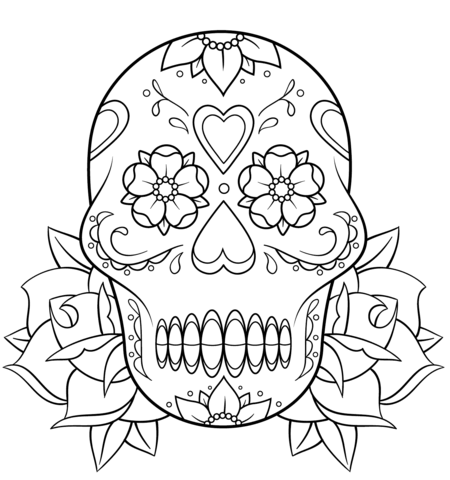 Sugar skull and roses coloring page free printable coloring pages