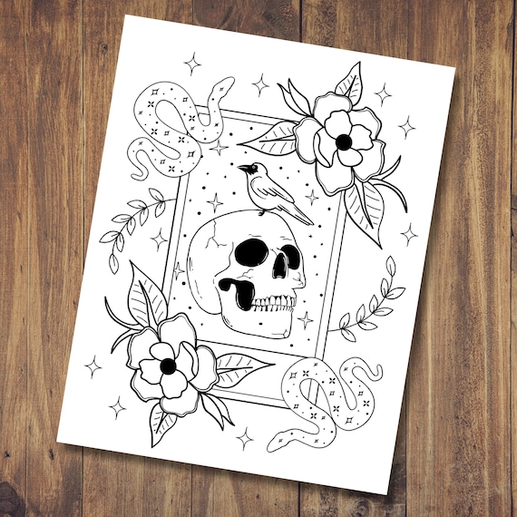 Skull and roses coloring page witchy coloring page flower skull coloring halloween goth coloring page adult coloring page