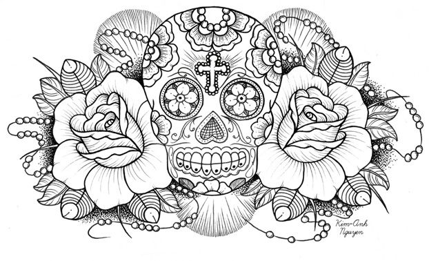 Roses in pink skull coloring pages skulls drawing mandala coloring pages