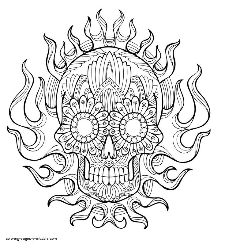 Skull and flame coloring page for adults skull coloring pages free adult coloring printables coloring pages
