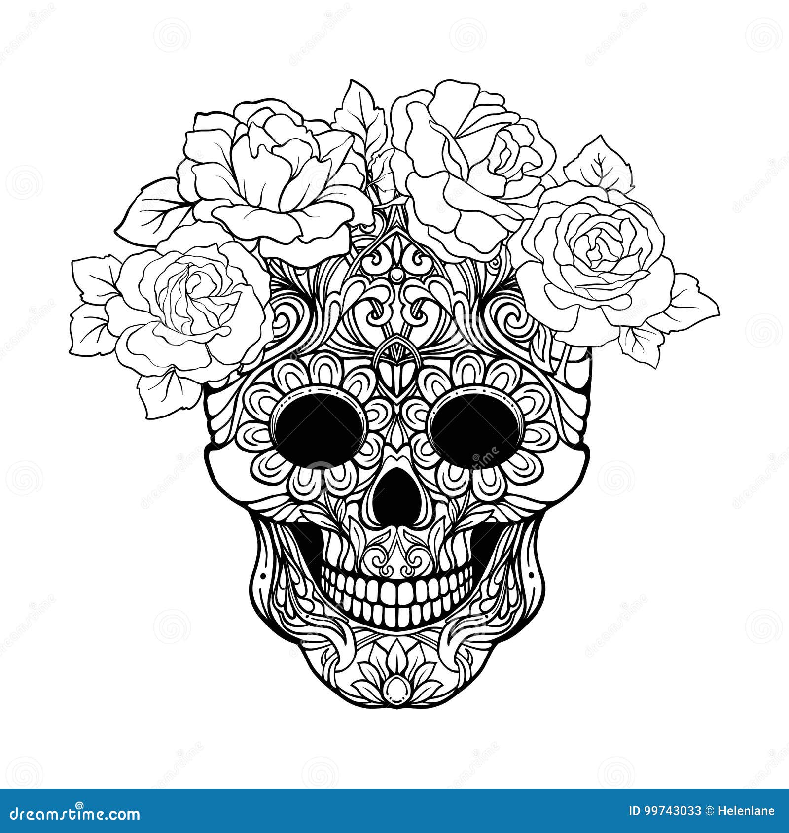 Sugar skull with decorative pattern and a wreath of red roses s stock vector