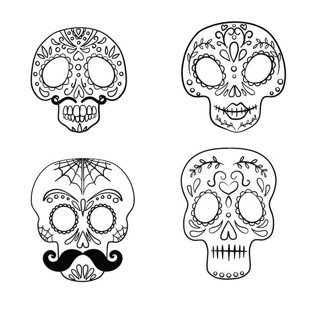 Premium vector black and white mexican sugar skull coloring page line art set