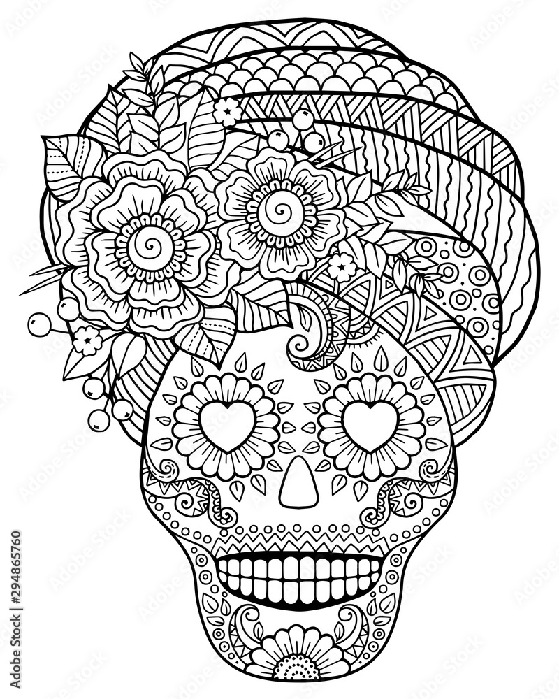 Coloring for adult for day of the dead mexican festival black and white coloring pages with skull and flowers illustration