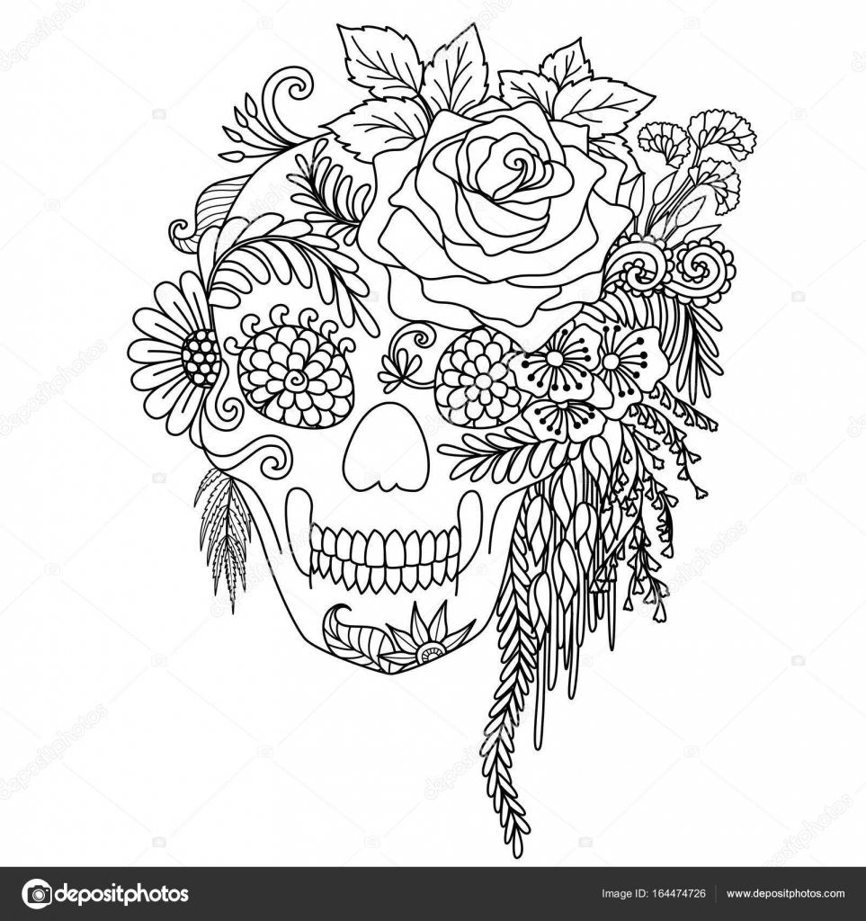 Line art design of flowers with human skull for adult coloring book page and other design element stock vector by somjaicindygmail