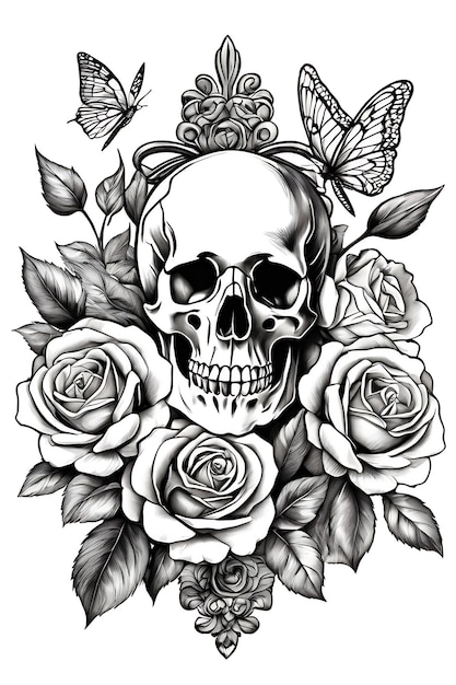 Premium ai image skull and roses adult coloring page sketch design printable