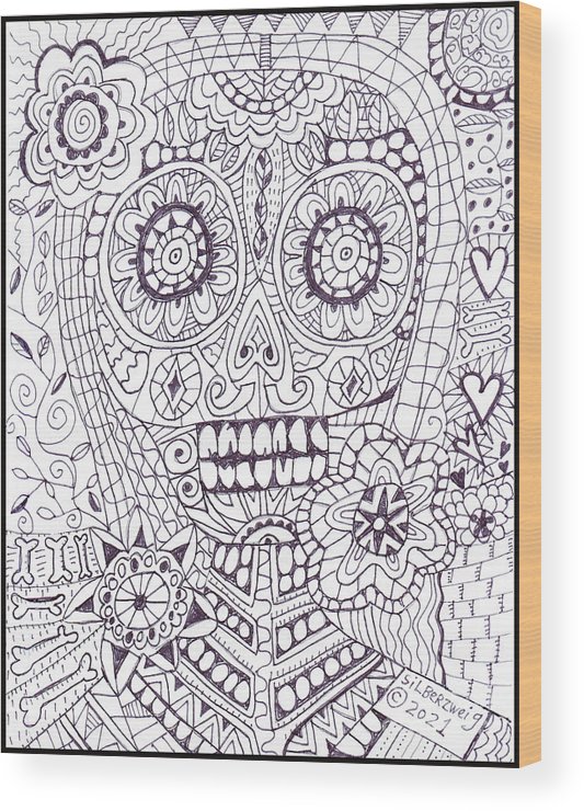 Sugar skull coloring page wood print by sandra silberzweig