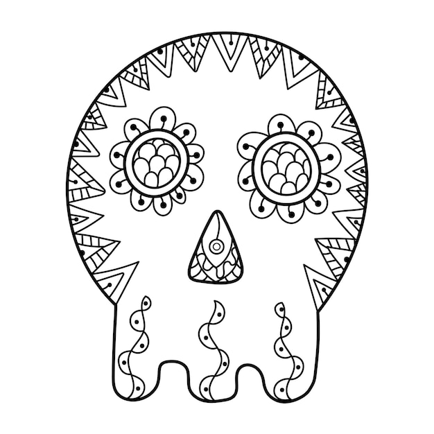 Premium vector skull with ornament coloring page in zentangle style spooky print for halloween coloring book