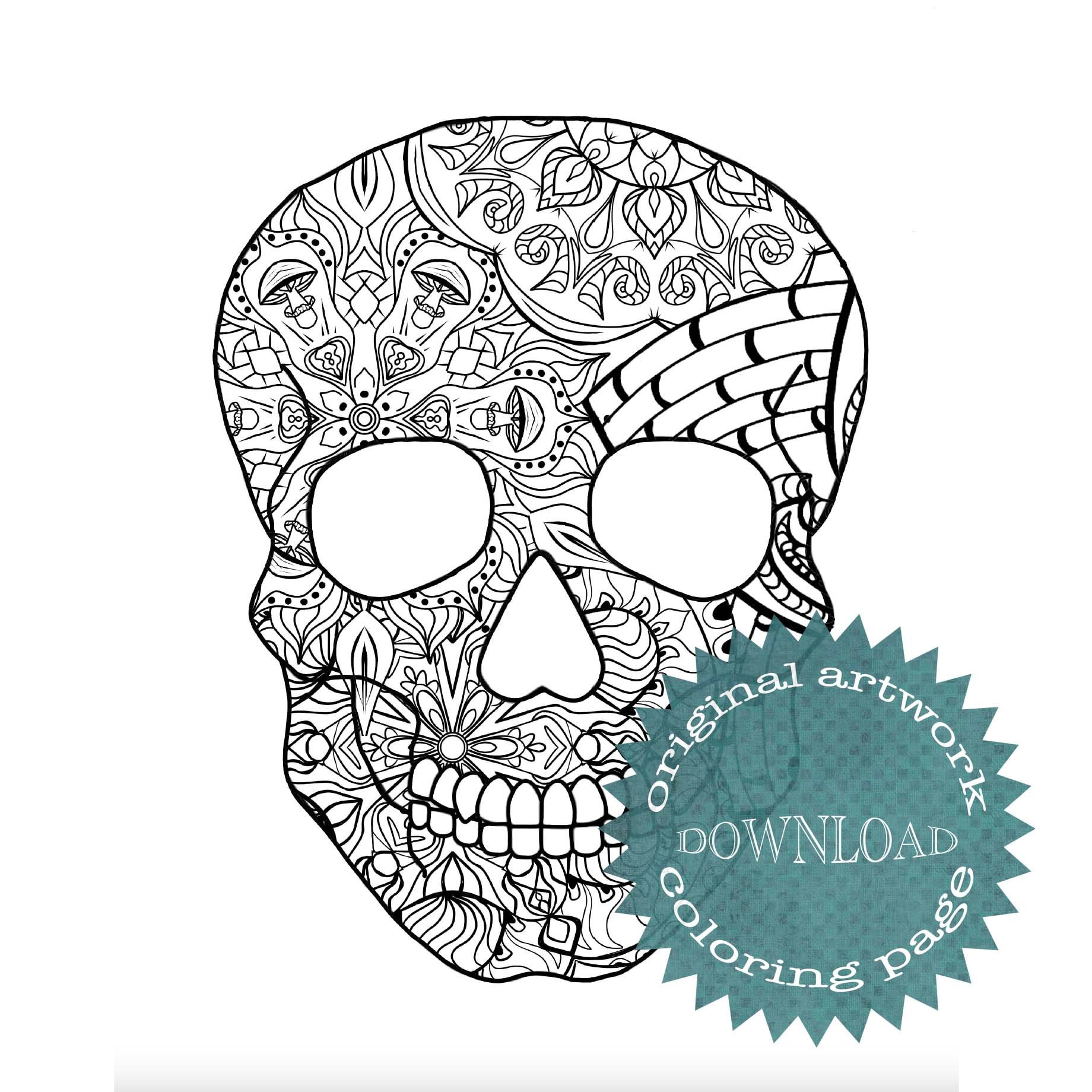 Unique hand drawn skull mandala coloring page mushrooms paisley waves trippy spiral psychedelic line drawn skull ideas for stress relief