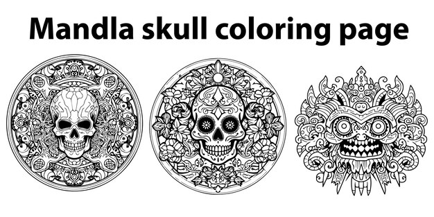 Premium vector a set of mandala skull coloring page vector illustration