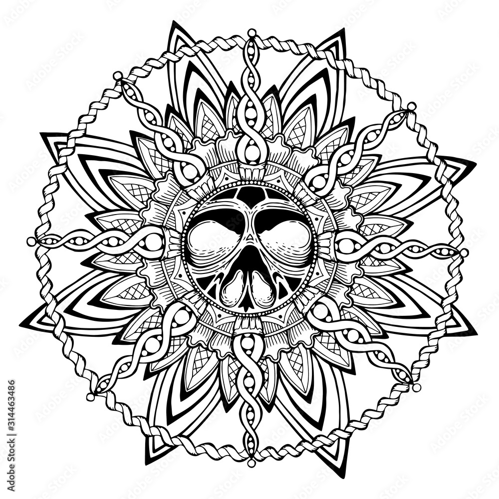 Black and white mandala skull for t
