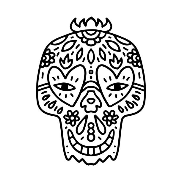 The smiling sugar skull mandala line art outline coloring page illustration day of the dead symbol vector spiritual skull with the flowers decoration fire heart eyeglasses leaves stock illustration