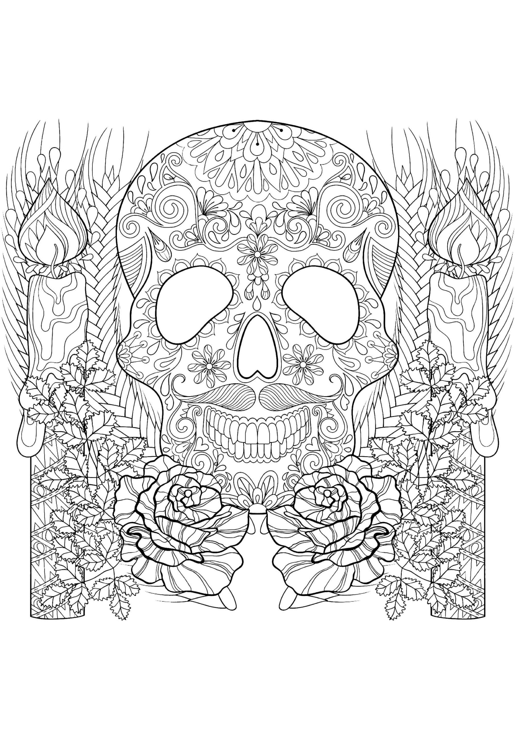Skull and candles in halloween mandala coloring page