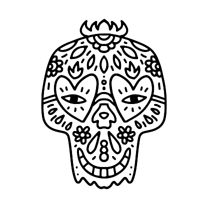 The smiling sugar skull mandala line art outline coloring page illustration day of the dead symbol vector spiritual skull with the flowers decoration fire heart eyeglasses leaves stock illustration