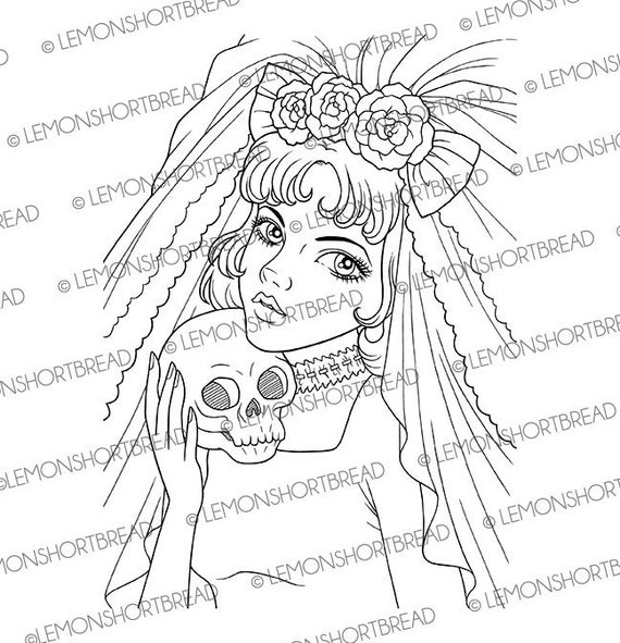 Digital stamp goth memento mori digi printable coloring page gothic girl lolita halloween fantasy bride