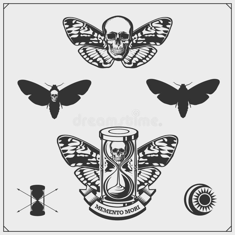 Memento mori hourglass butterfly and skull brevity of human life print design for t