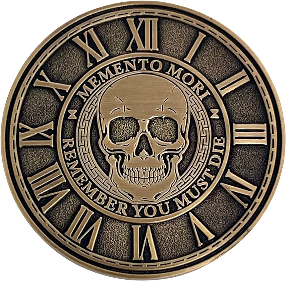 Memento mori coin medallion stoicism gift amor fati metal gold color token edc challenge stoic reminder pendant momento mori gift for daily stoic practice memento vivere skullâ office products