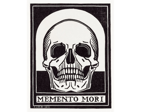 Memento mori art print skull wall art death art gothic art antique woodblock print julie de graag vintage woodcut black and white
