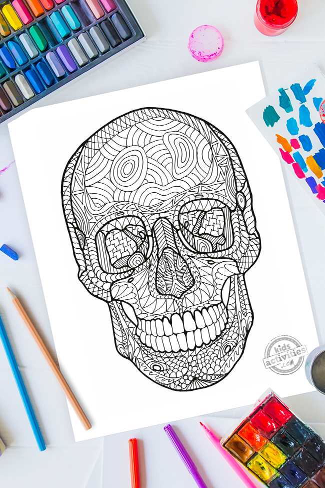Detailed human skull zentangle coloring page kids activities blog
