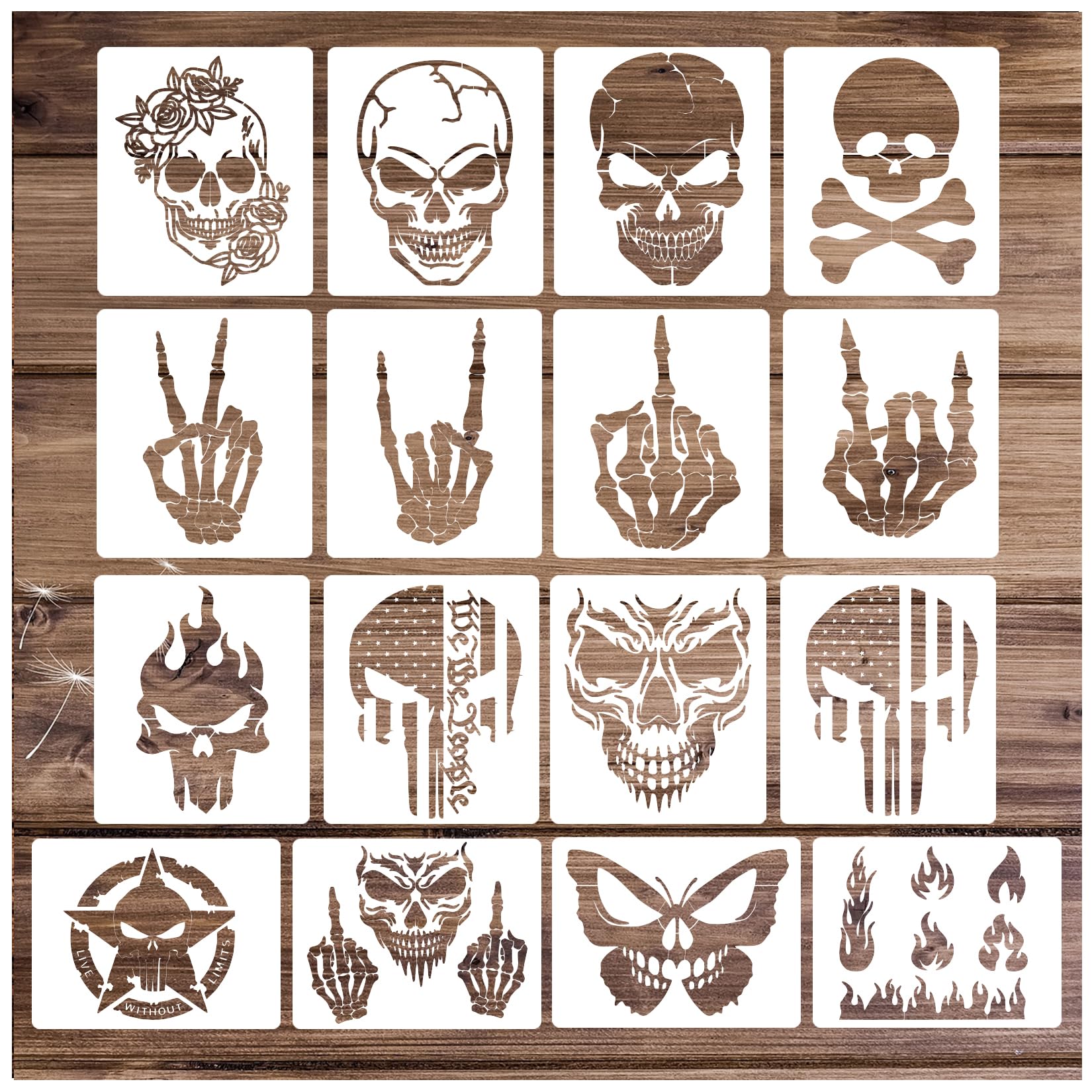 Skull stencils for painting on wood flame skeleton hand finger fire templates for airbrushing art crafts plastic reusable wood burning stencils for wall canvas skull arts crafts sewing
