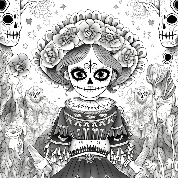 Premium ai image a basic outline of a calavera skeleton puppet with simple clothing and minimal intricacies