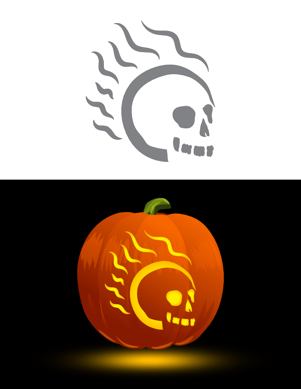 Printable flaming skull pumpkin stencil