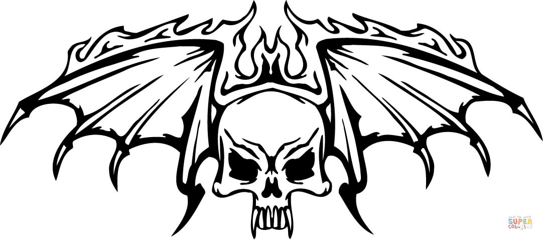 Skull with wings in flames coloring page free printable coloring pages