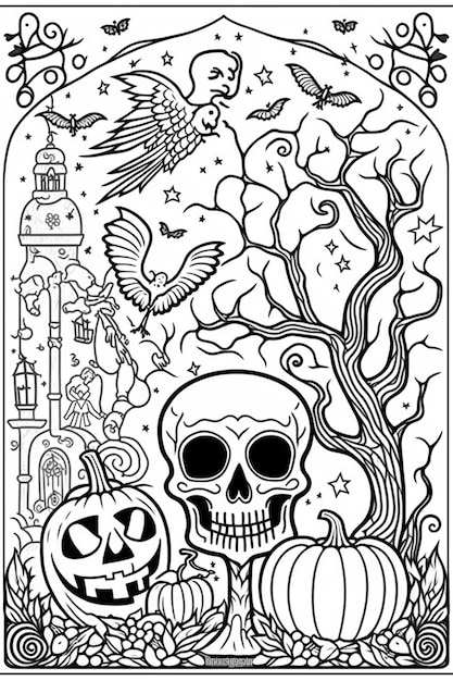 Premium ai image a coloring page with a skull and pumpkins generative ai