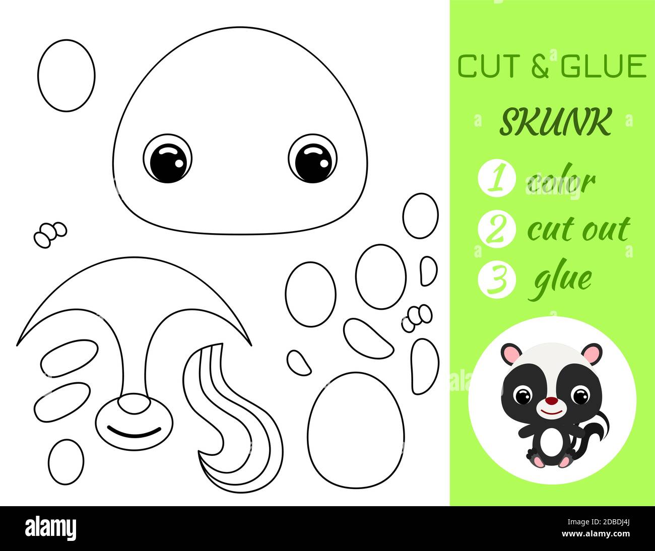Simple educational game coloring page cut and glue sitting baby skunk for kids educational paper game for preschool children color cut parts and gl stock vector image art