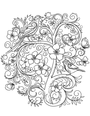 Larks in flowers coloring page free printable coloring pages