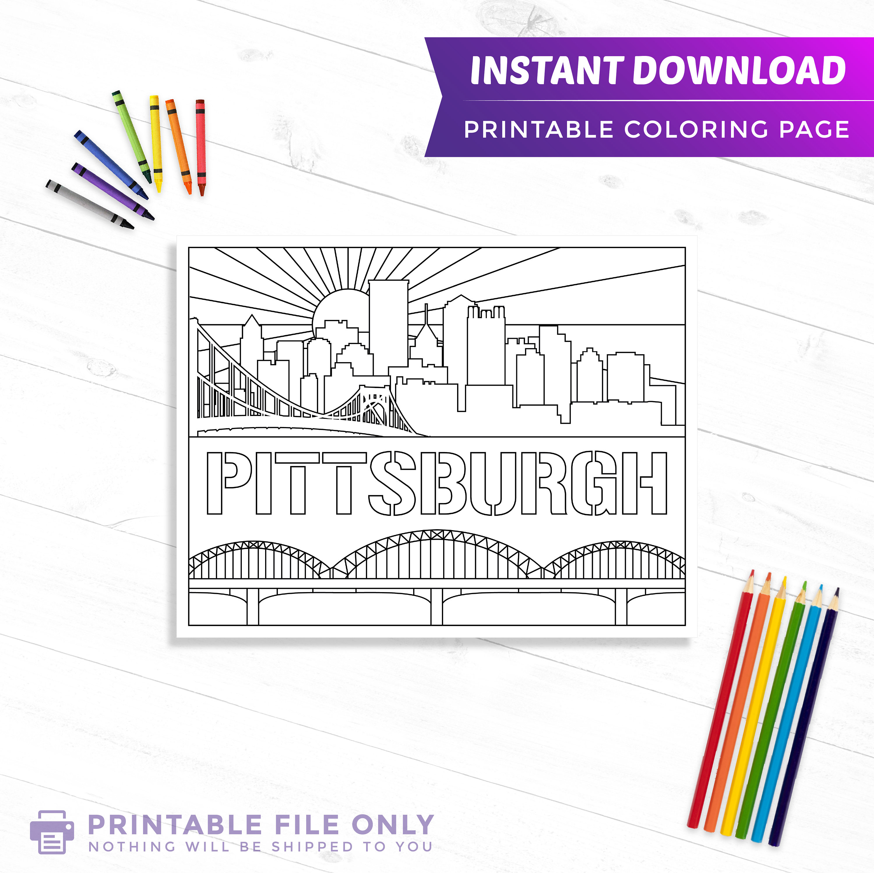 Pittsburgh coloring printable instant digital download adult stress relief activity black white pages diy art therapy print pdf file