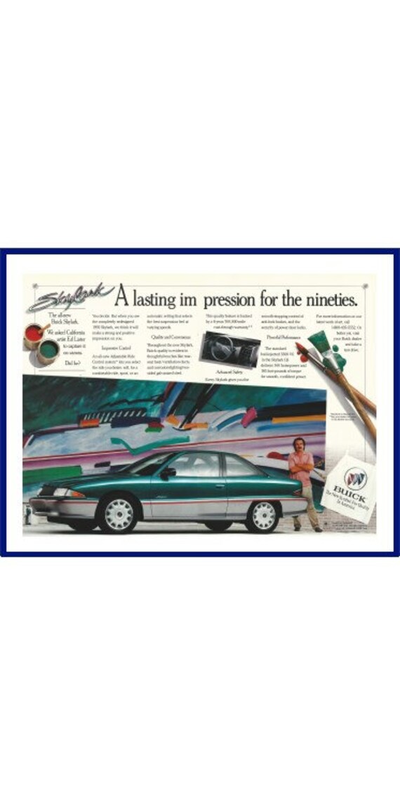 Buick skylark automobile original vintage color print ad green car in artist painting theme a lasting impression for the nineties
