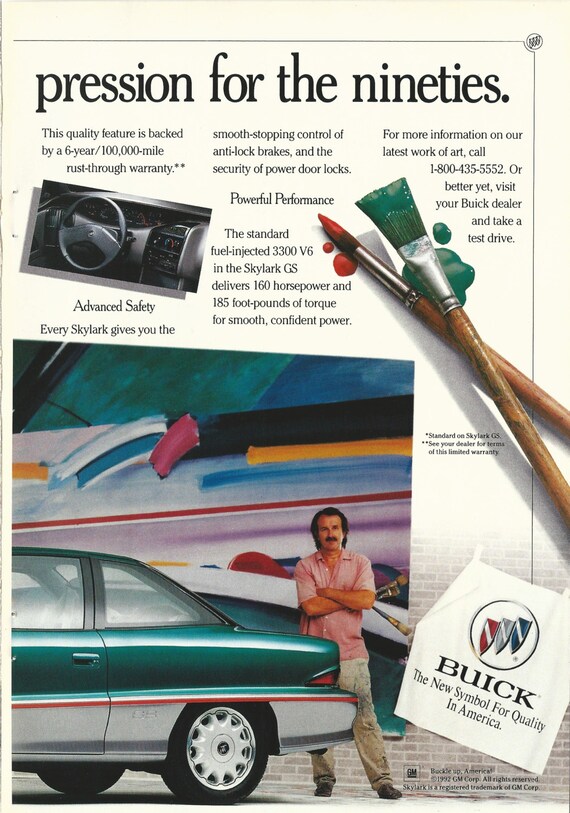 Buick skylark automobile original vintage color print ad green car in artist painting theme a lasting impression for the nineties