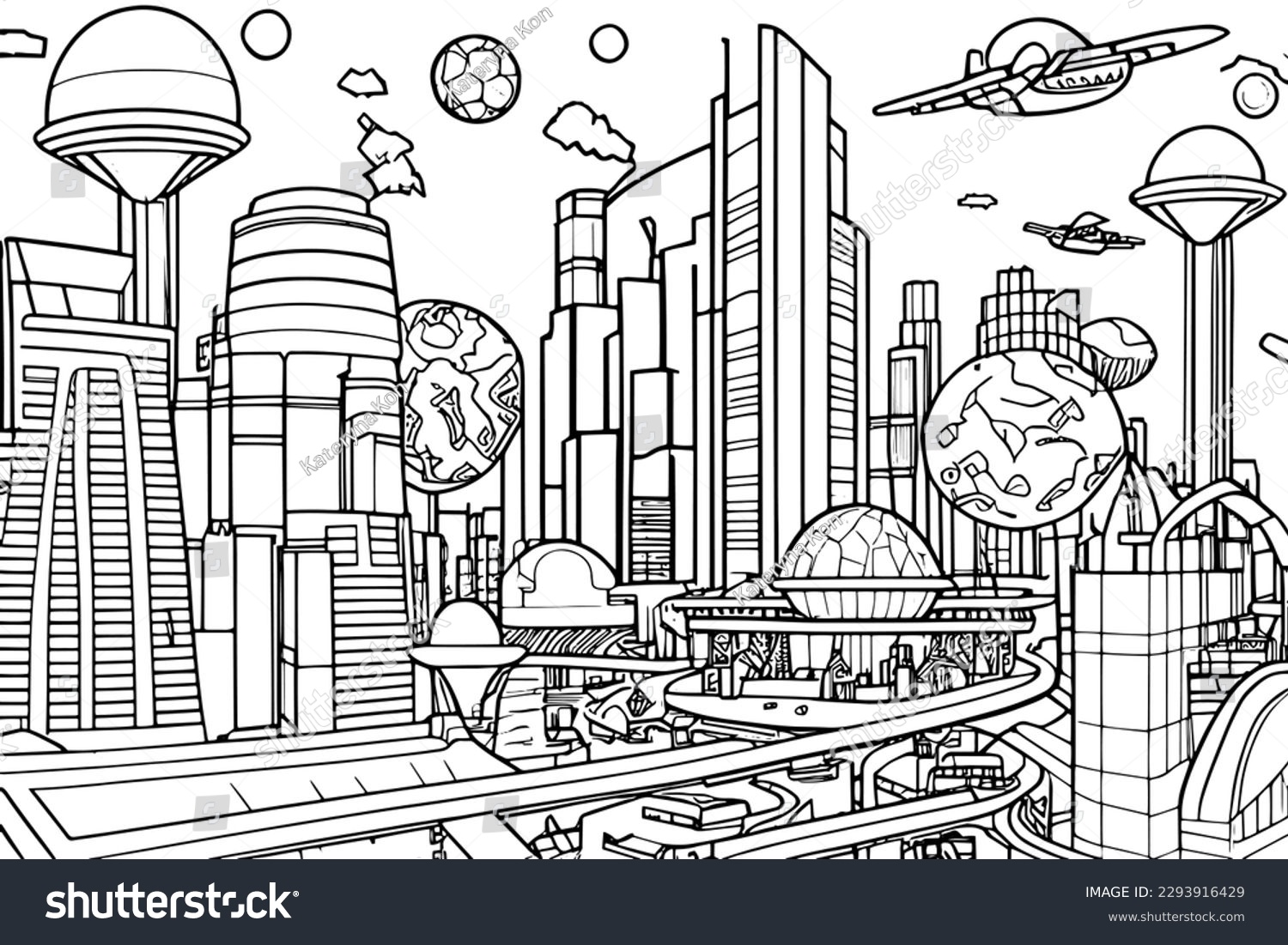 Futuristic city coloring page illustration featuring stock vector royalty free