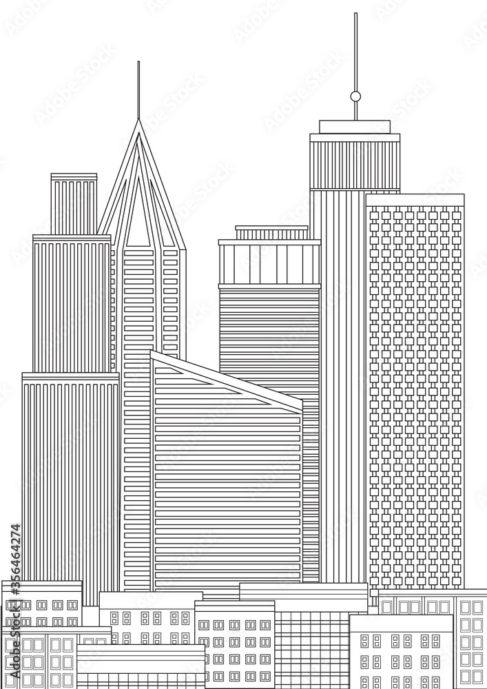 Coloring page with skyscrapers or architecture in the city colorless outline or linear vector illustration with tall houses as anti