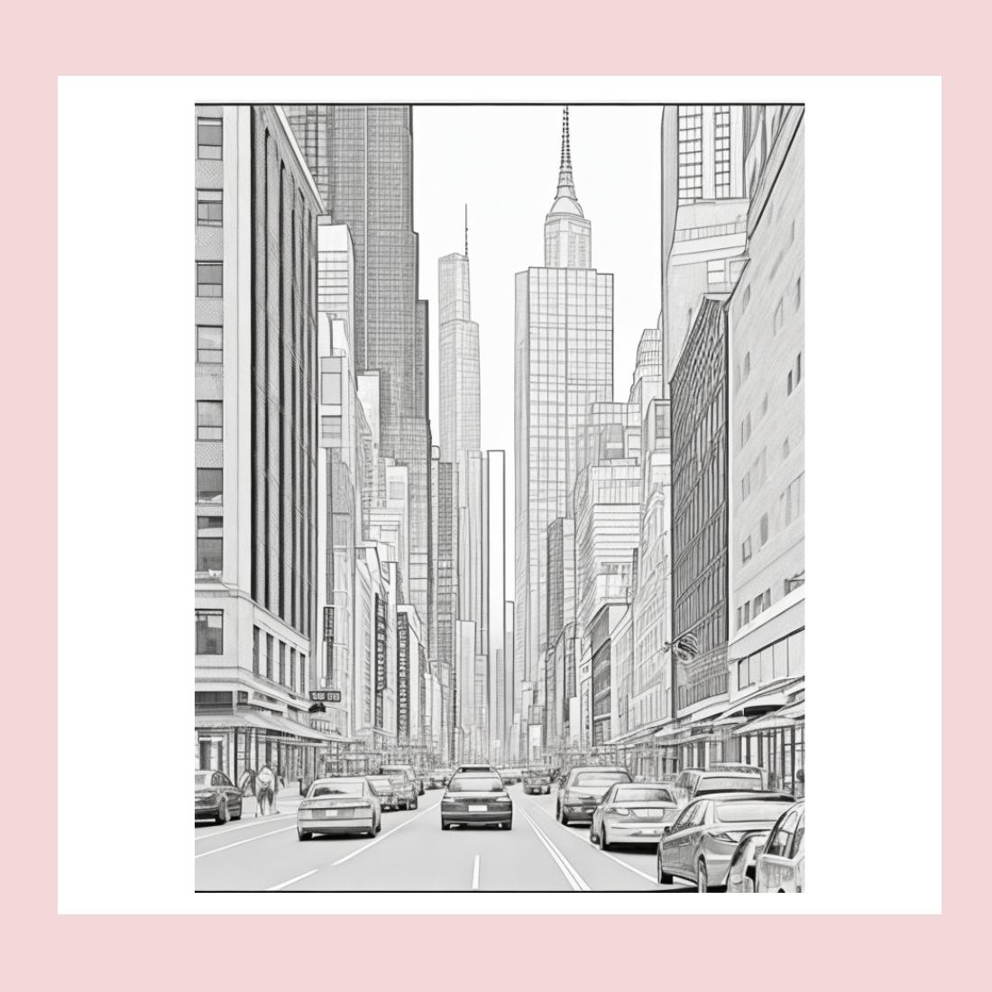 A cityscape with skyscrapers and a busy street scene coloring page