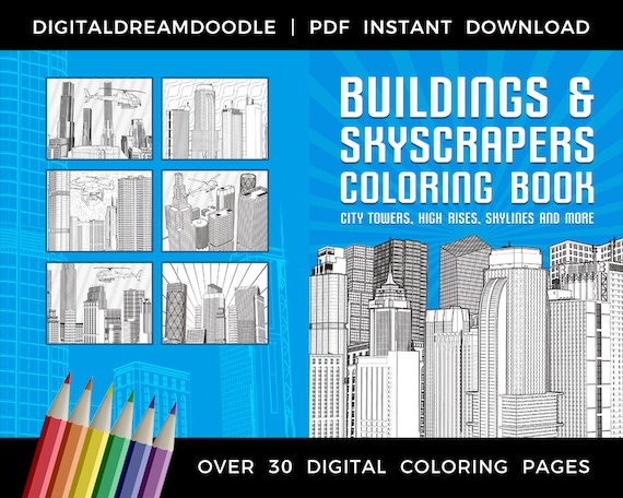 Skyscraper coloring book building city tower coloring book high rise architecture coloring book skyline coloring pages digital download